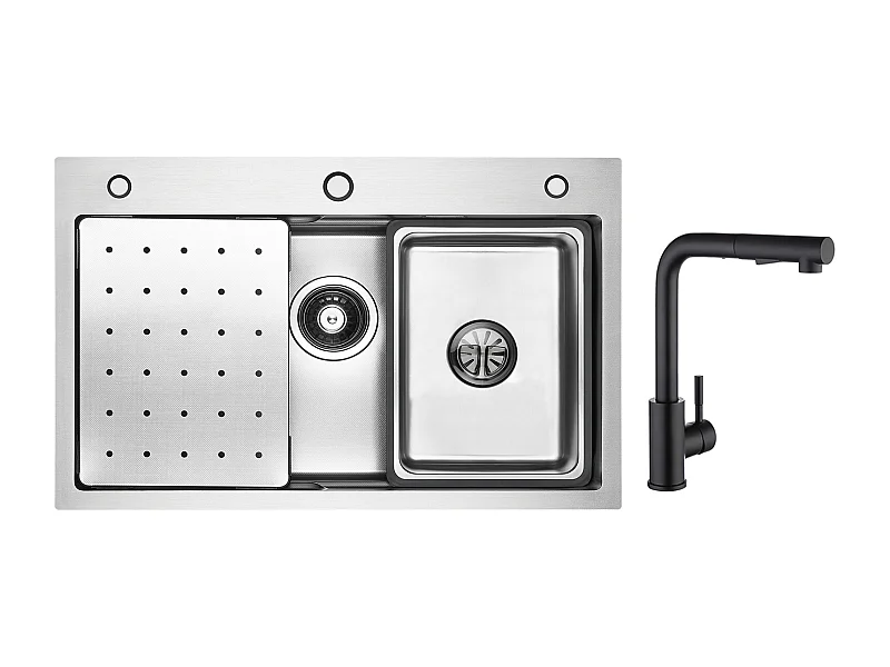 Cecipa max Edelstahlspüle 70×45×21,5 cm mit Abtropffläche, Becken und Seifenspender + Küchenmischbatterie mit ausziehbarer Brause, schwarz