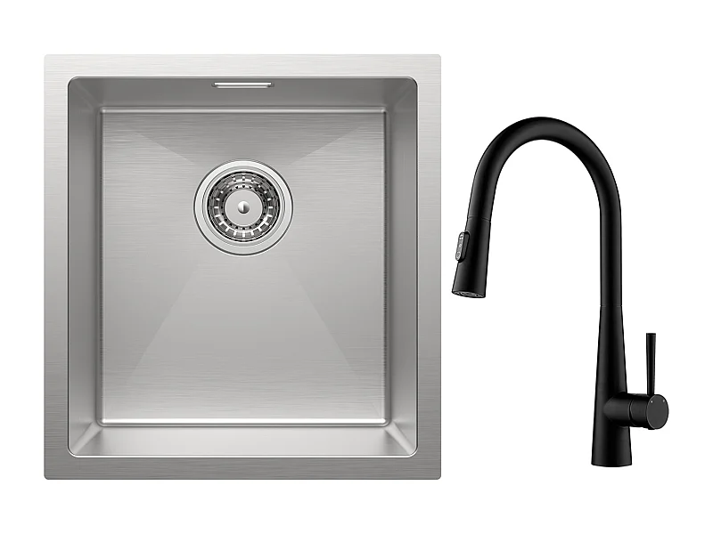 Cecipa max Évier Inox Encastré 40*44cm Évier 1 Bac Brossé + Mitigeur de Cuisine avec Douchette Extractible - Avec 3 Modes de Sortie D'eau - Noir