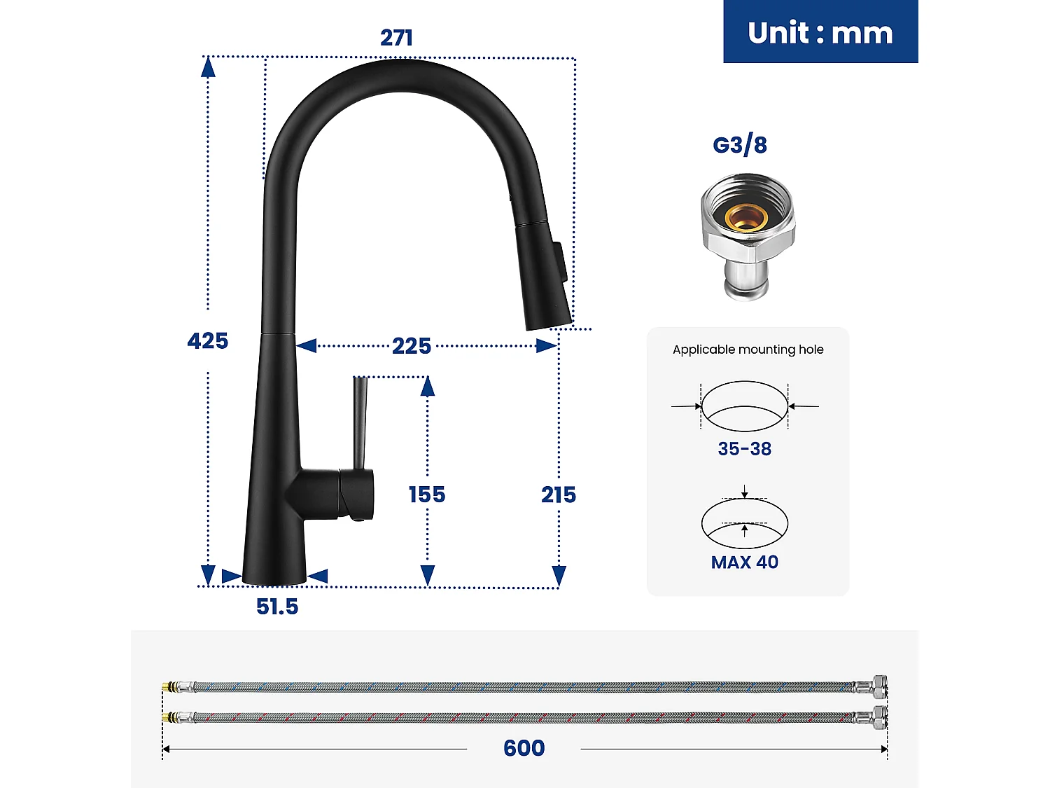 Cecipa max Évier Inox Encastré 40*44cm Évier 1 Bac Brossé + Mitigeur de Cuisine avec Douchette Extractible - Avec 3 Modes de Sortie D'eau - Noir