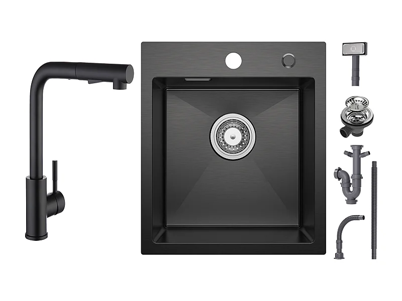 Cecipa max Evier Cuisine 1 Bac Noir 40*45*19CM - Évier Inox 1 Cuve + Mitigeur de Cuisine Noir avec Douchette Extractible 2 Modes de pulvérisat