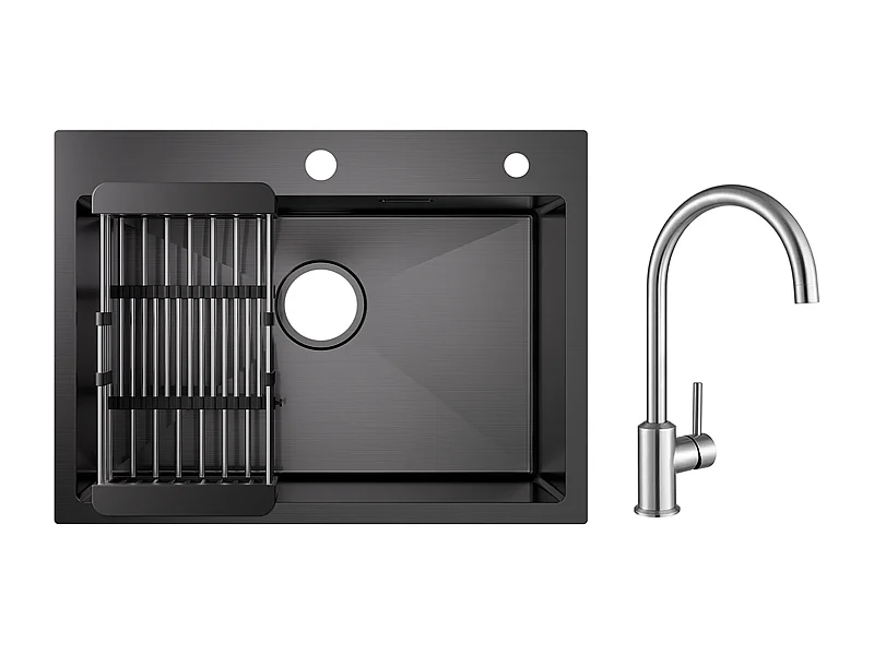 Fregadero de cocina de 1 seno, fregadero de acero inoxidable negro de 60×45×18CM con cesta de drenaje + grifo mezclador de cocina de acero inoxidable cepillado