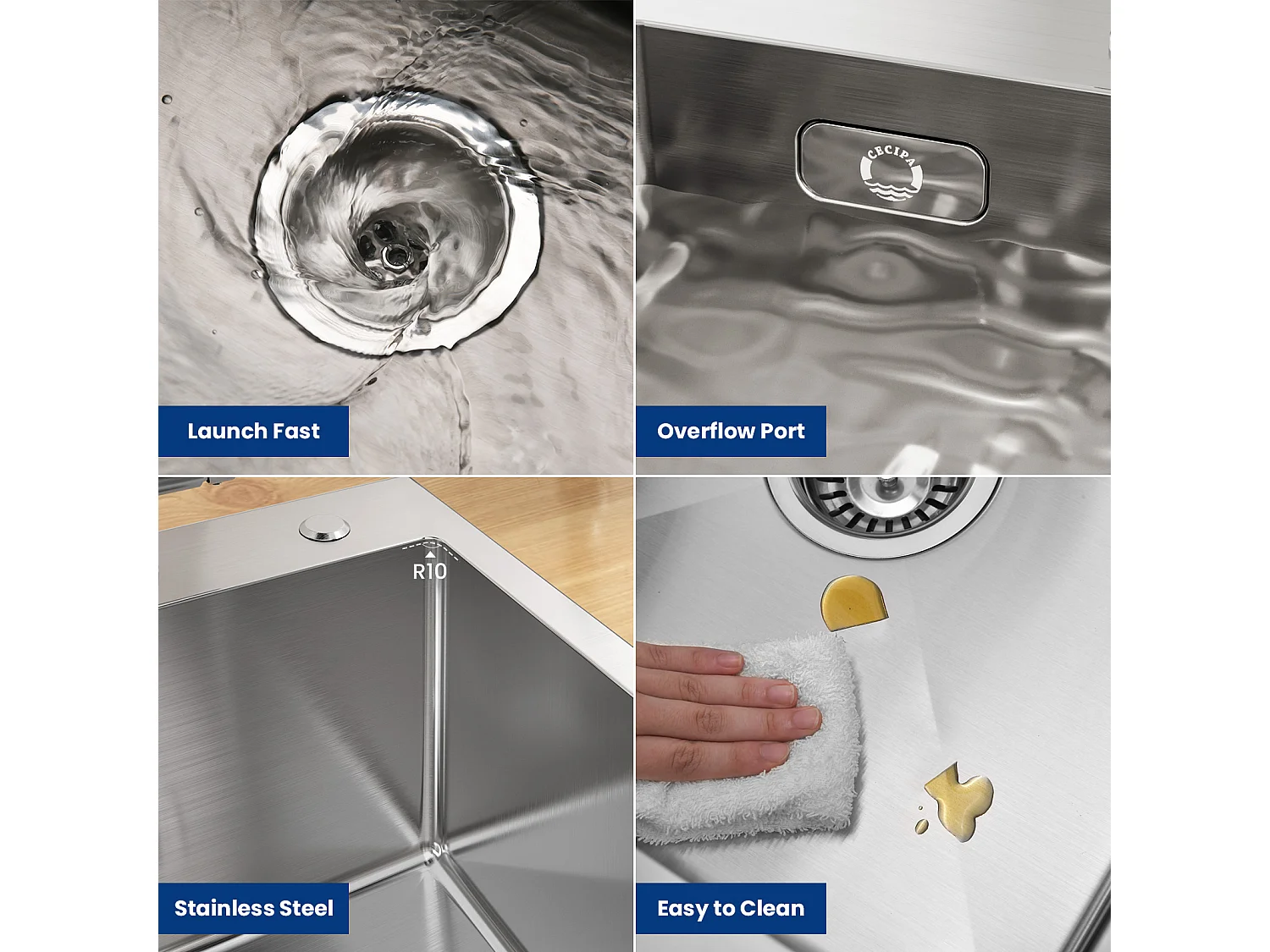 Cecipa max Évier de Cuisine 1 Bac 40 × 45 cm Évier Inox Évier Encastré Brossé + Mitigeur de Cuisine à Ressort avec 3 Modes de Sortie D'eau, Brossé