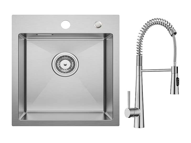 Cecipa max keukenspoelbak 1 bak 40 x 45 cm roestvrijstalen spoelbak geborsteld onderbouwspoelbak + veer keukenmengkraan met 3 waterafvoermodi, geborsteld