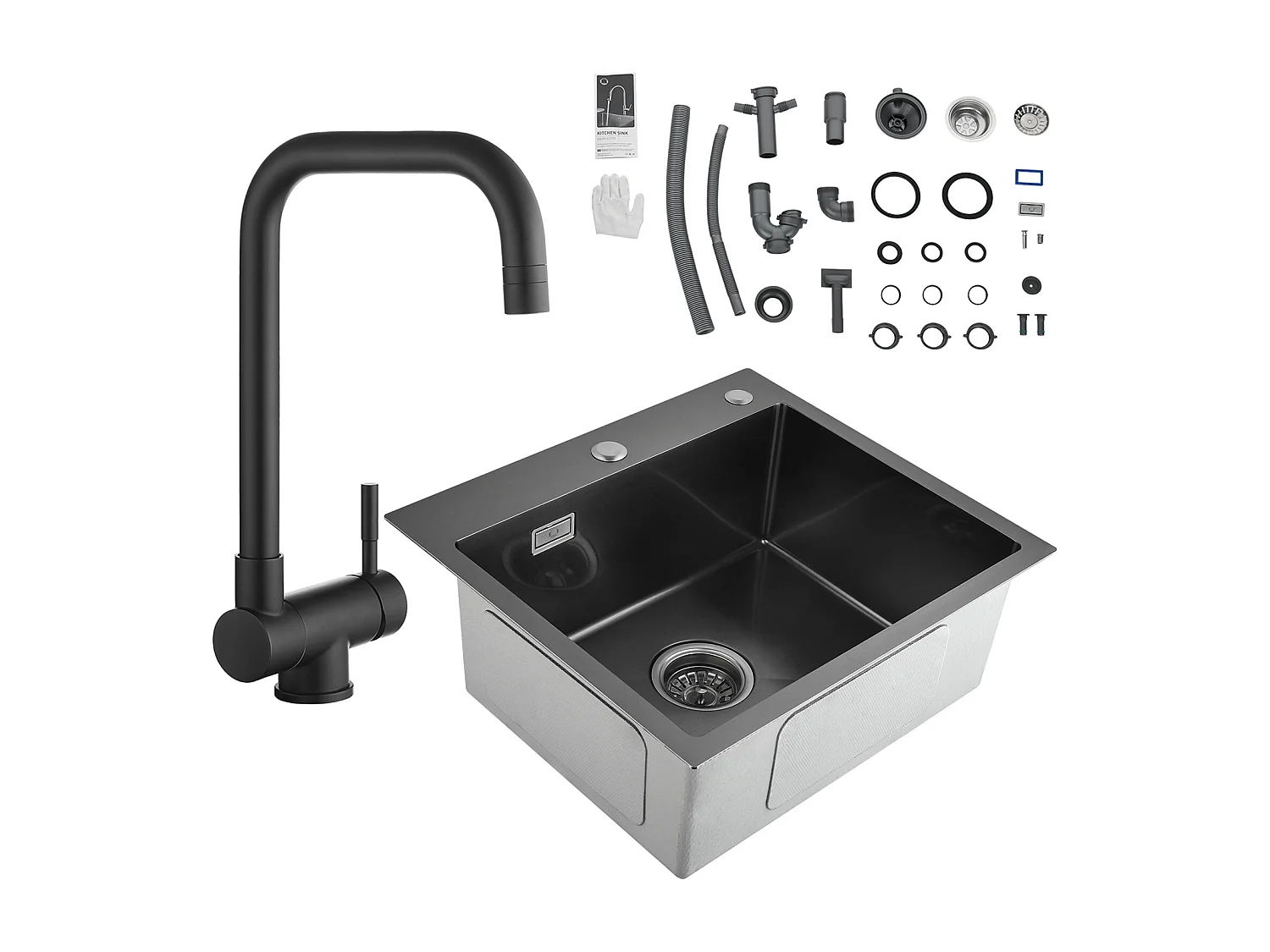 Cecipa max 2 in 1 Küchenspüle aus Edelstahl, 1 Becken, Schwarzgrau, 50 x 45 x 18,5 cm + schwarze klappbare Küchenmischbatterie unter Fenster mit 2 Düsen