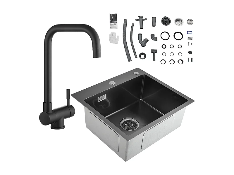 Cecipa max 2 in 1 Küchenspüle aus Edelstahl, 1 Becken, Schwarzgrau, 50 x 45 x 18,5 cm + schwarze klappbare Küchenmischbatterie unter Fenster mit 2 Düsen