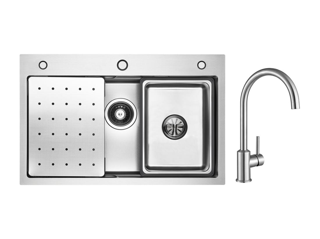 vente unique Évier 1 Bac 70×45CM Évier Inox Argent avec Egouttoir Vasque Distributeur de Savon + Mitigeur de Cuisine en Inox Brossé