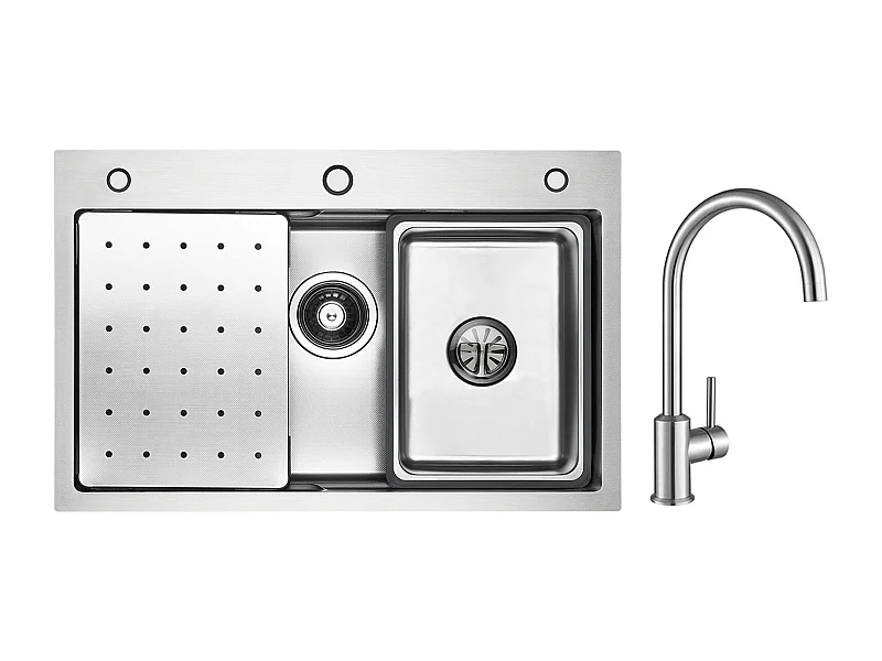 Becken Spüle 70×45CM Silber Edelstahlspüle mit Abtropffläche, Becken, Seifenspender + Küchenmischbatterie aus gebürstetem Edelstahl