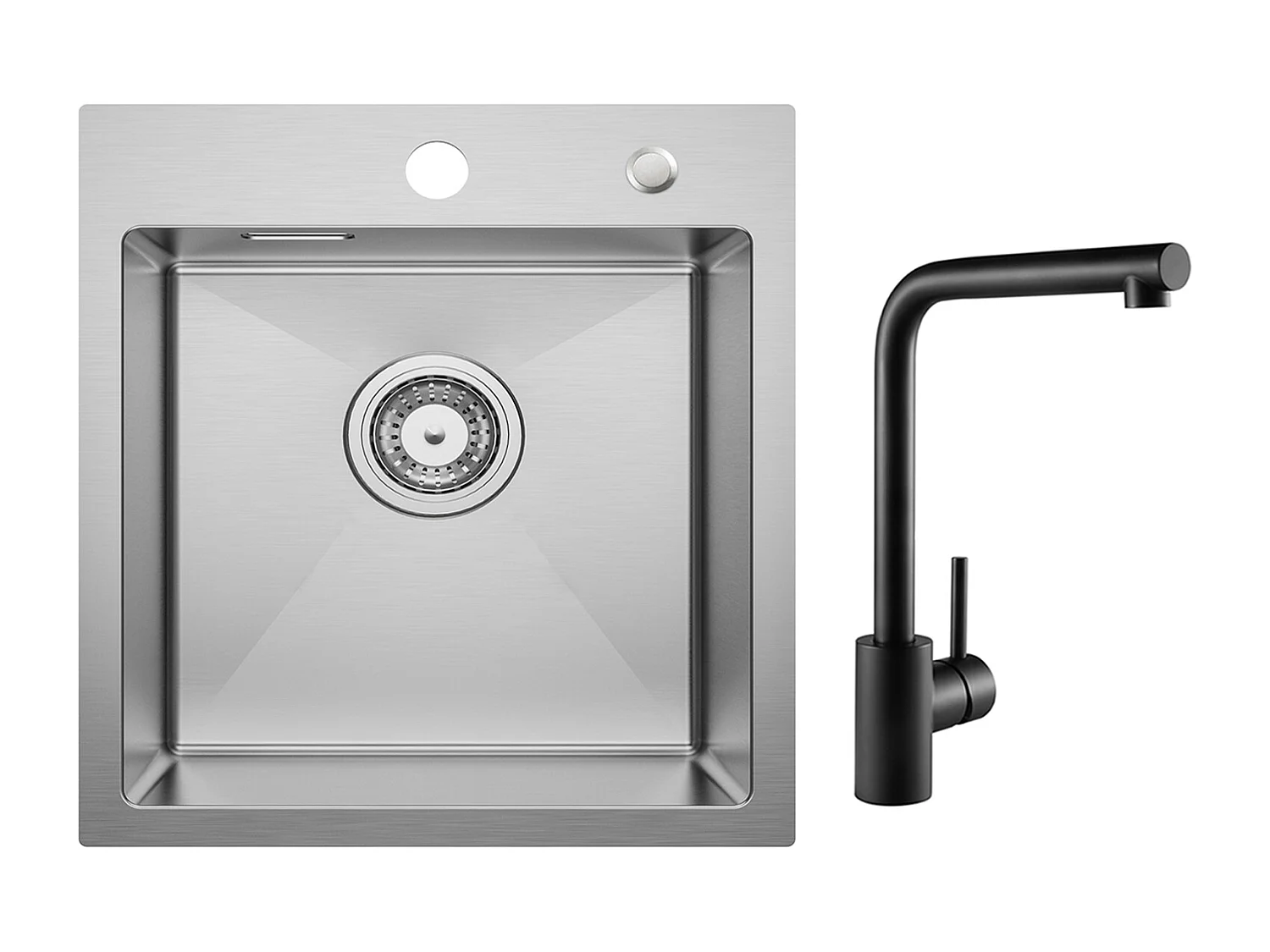 Cecipa MAX Fregadero de cocina 1 seno 40 × 45 cm Fregadero de acero inoxidable cepillado + Mezclador de fregadero giratorio 360° negro