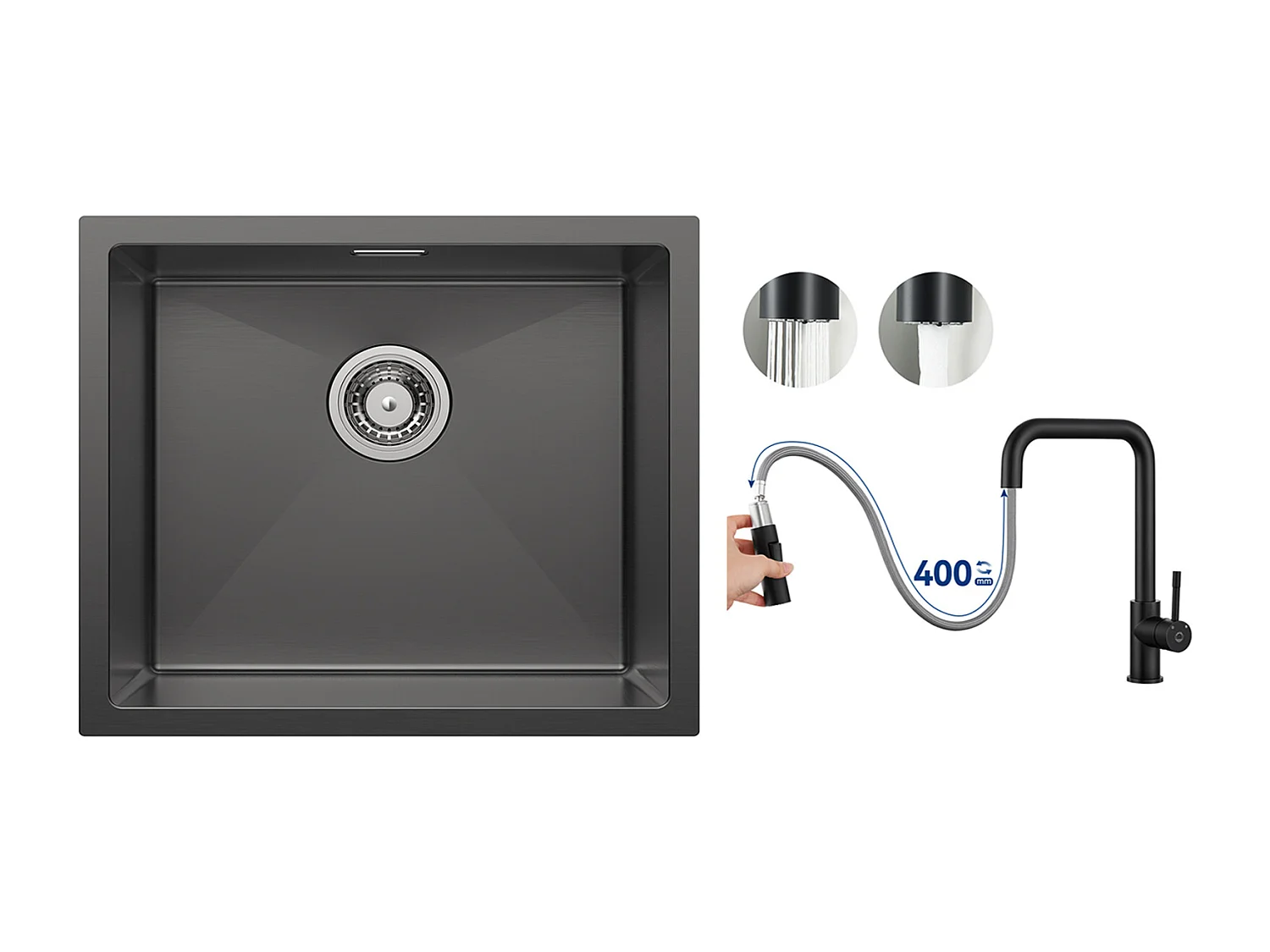 CECIPA MAX Fregadero de cocina 1 seno Fregadero de acero inoxidable 50*44CM Negro antracita + Grifo monomando con ducha extraíble, negro