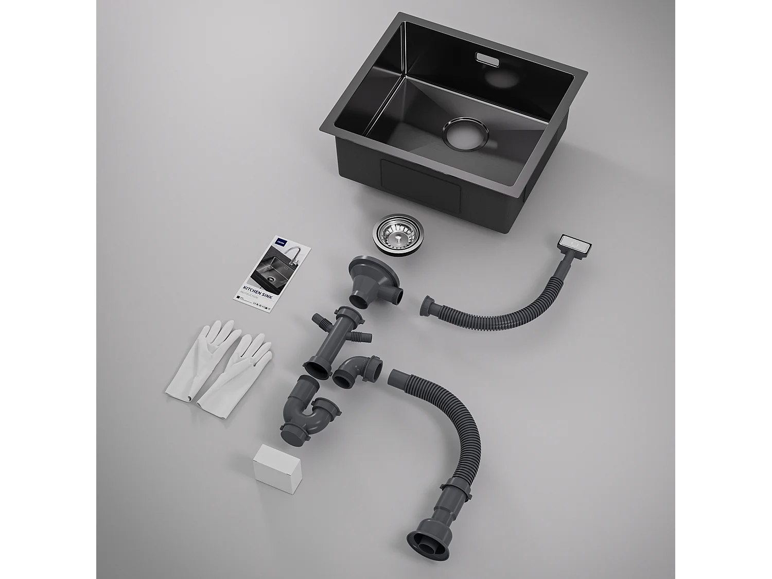 CECIPA MAX Fregadero de cocina 1 seno Fregadero de acero inoxidable 50*44CM Negro antracita + Grifo monomando con ducha extraíble, negro