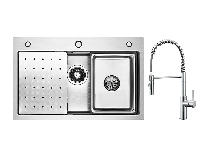 Cecipa max Argent Évier Inox 70×45×CM avec Egouttoir, Vasque et Distributeur de Savon + Mitigeur Cuisine à Ressort Brossé avec Douchette Extractible