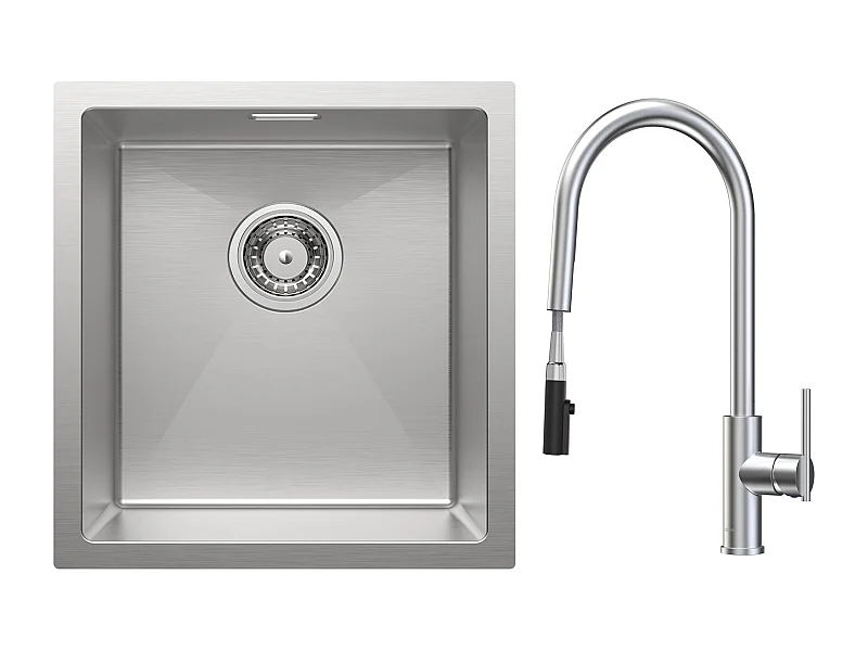 CECIPA MAX Évier Inox Encastré 40*44cm Évier de Cuisine 1 Bac Brossé + Mitigeur de Cuisine Avec Douchette Extractible, 2 Modes de Sortie D'eau, Brossé