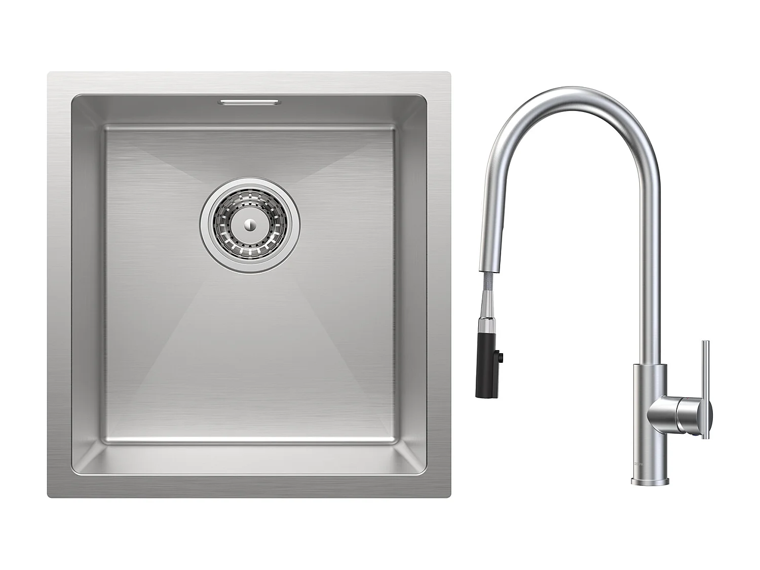 CECIPA MAX Évier Inox Encastré 40*44cm Évier de Cuisine 1 Bac Brossé + Mitigeur de Cuisine Avec Douchette Extractible, 2 Modes de Sortie D'eau, Brossé