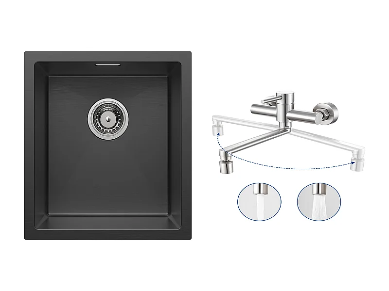 CECIPA MAX Edelstahlspüle 40*44*19 cm Einzelbeckenspüle Schwarze Küchenspüle + wandmontierte Küchenmischbatterie mit 2 gebürsteten Düsen