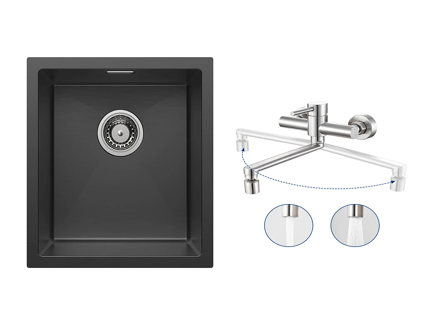 CECIPA MAX Edelstahlspüle 40*44*19 cm Einzelbeckenspüle Schwarze Küchenspüle + wandmontierte Küchenmischbatterie mit 2 gebürsteten Düsen