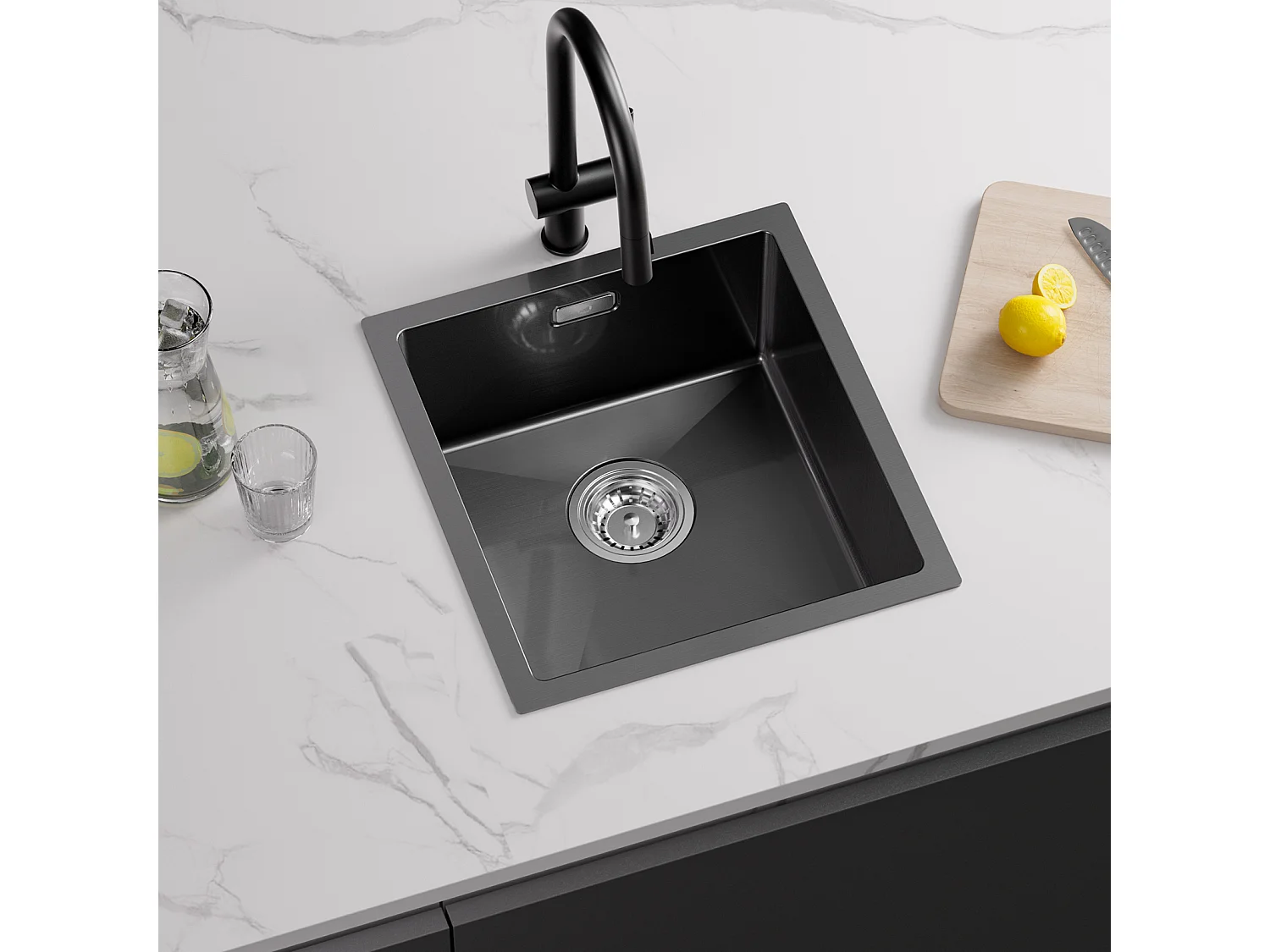 CECIPA MAX Edelstahlspüle 40*44*19 cm Einzelbeckenspüle Schwarze Küchenspüle + wandmontierte Küchenmischbatterie mit 2 gebürsteten Düsen