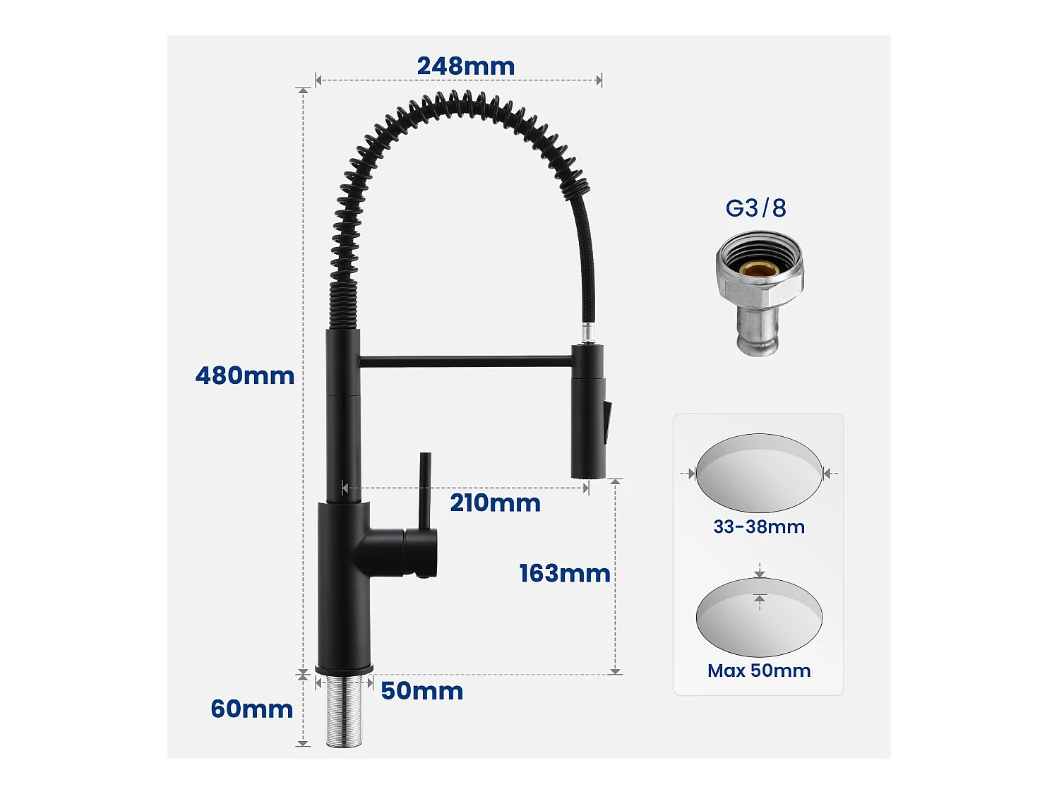 Cecipa max Keukenspoelbak 1 Kom 70×44CM Zwarte Inbouwspoelbak met Afdruiprek en Wastafel + Zwarte Spring Keukenmengkraan met Uittrekbare Sproeier