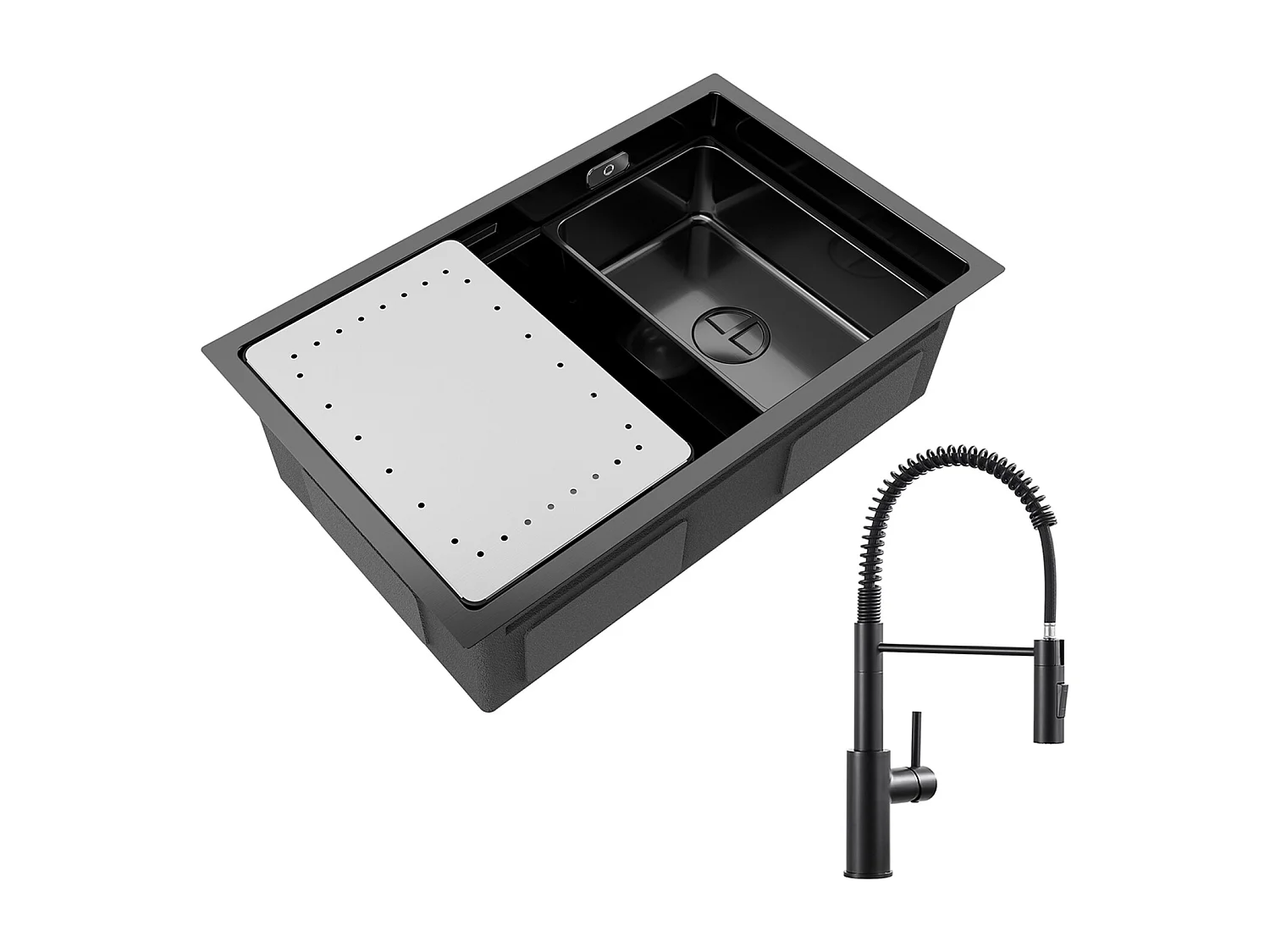 Cecipa max Keukenspoelbak 1 Kom 70×44CM Zwarte Inbouwspoelbak met Afdruiprek en Wastafel + Zwarte Spring Keukenmengkraan met Uittrekbare Sproeier