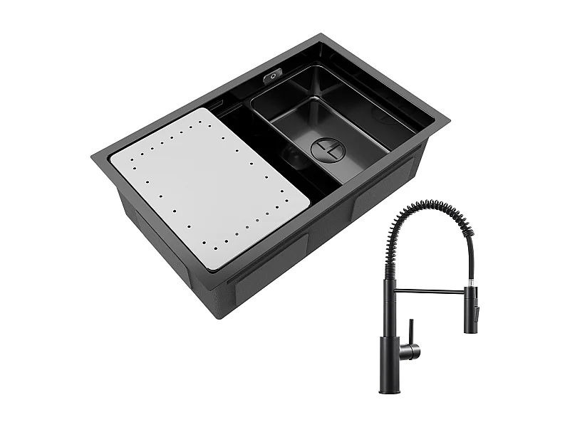 Cecipa max Évier Cuisine 1 Bac 70×44CM Évier à Encastrer Noir avec Egouttoir et Vasque + Mitigeur Cuisine à Ressort Noir avec Douchette Extractible