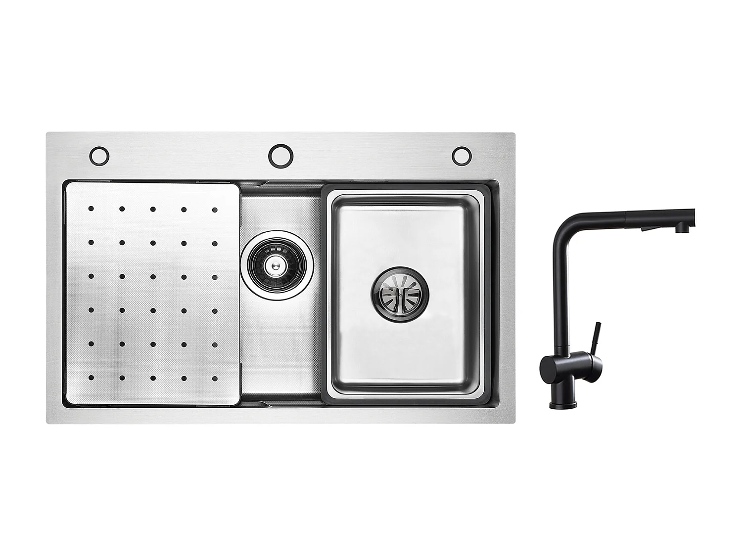 Cecipa max Évier Inox 70×45×21.5CM avec Egouttoir,Vasque et Distributeur de Savon + Robinet Cuisine avec Douchette Extractible, Mitigeur d'évier Noir