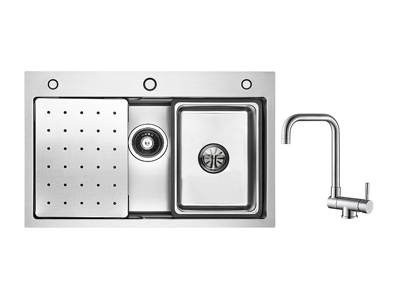 Cecipa max Évier Inox 70×45×21.5CM avec Egouttoir, Vasque et Distributeur de Savon + Robinet Cuisine Rabattable Mitigeur de Evier Repliable Brossé