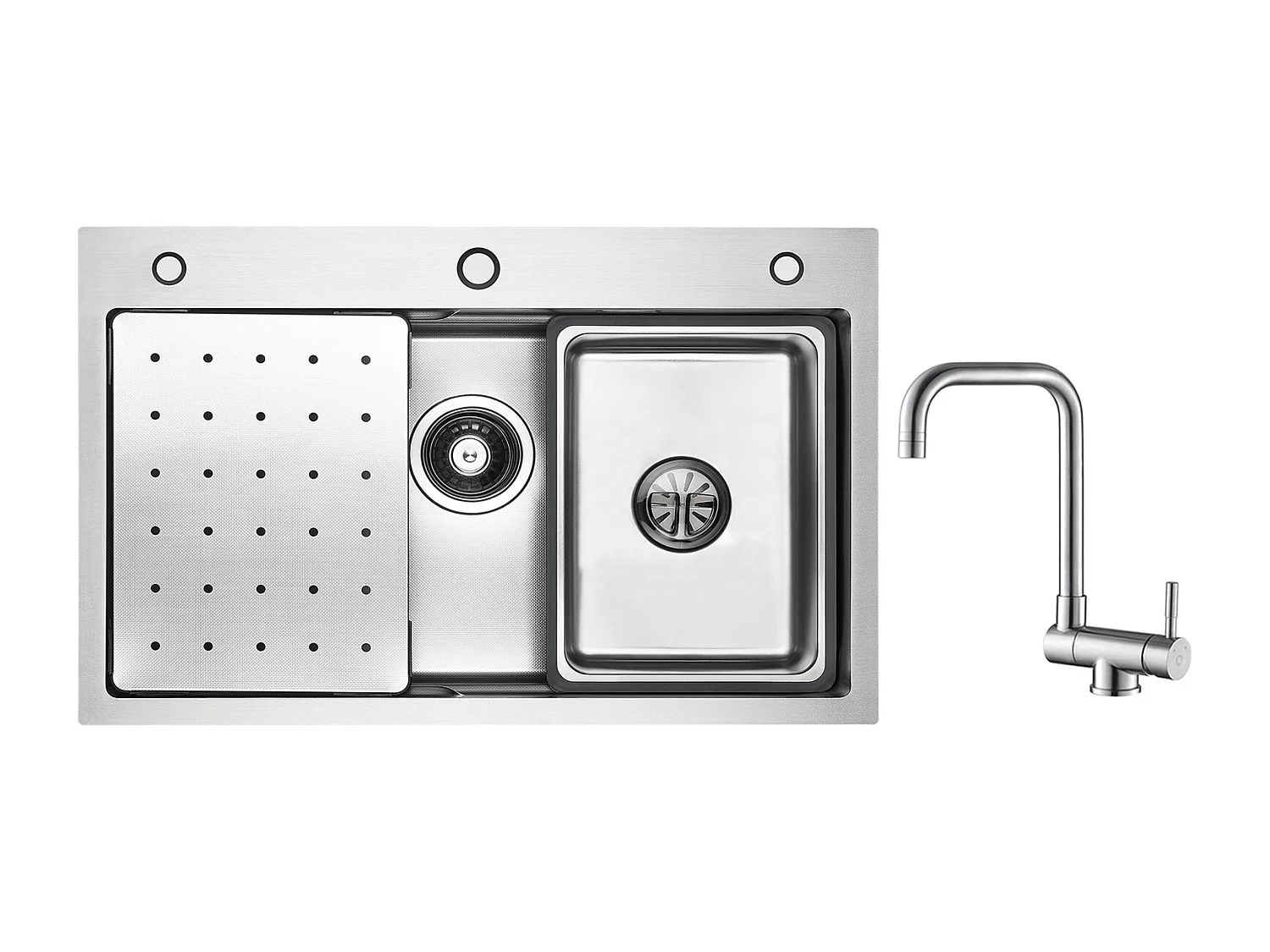 Cecipa max roestvrijstalen spoelbak 70×45×21,5CM met afdruiprek, wastafel en zeepdispenser + opvouwbare keukenkraan geborsteld opvouwbare spoelbakmengkraan