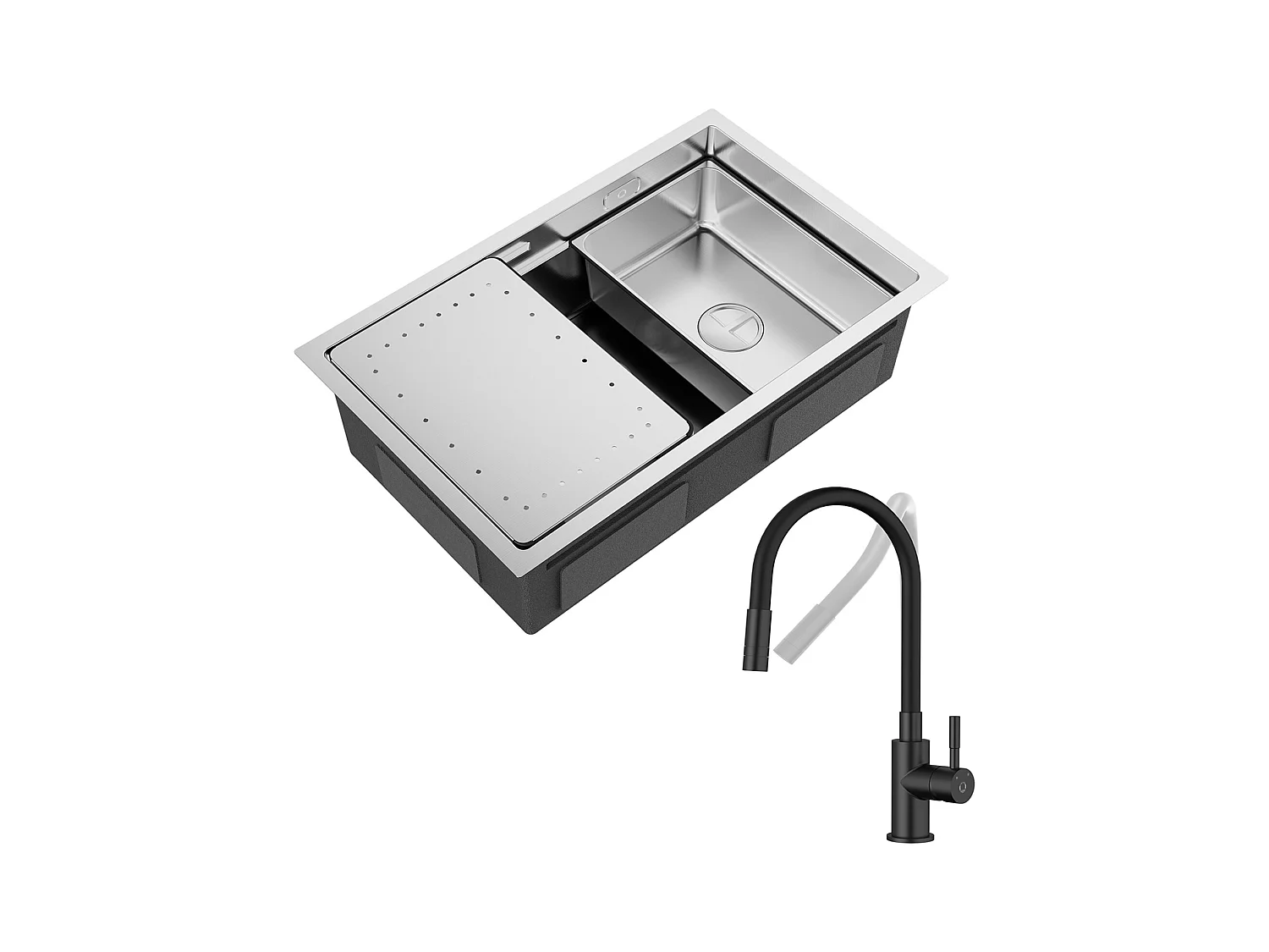 CECIPA MAX Évier 1 Bac 70×44cm Évier Brossé avec Egouttoir et Vasque + Flexible Mitigeur de Cuisine, 2 Types de Jets  Robinet Extractible Noir