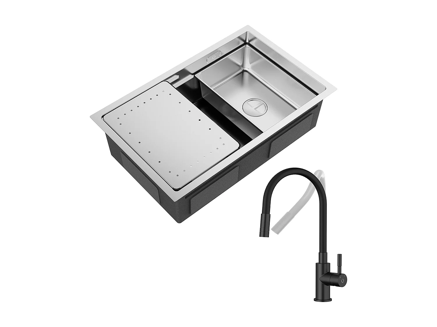 CECIPA MAX Évier 1 Bac 70×44cm Évier Brossé avec Egouttoir et Vasque + Flexible Mitigeur de Cuisine, 2 Types de Jets  Robinet Extractible Noir