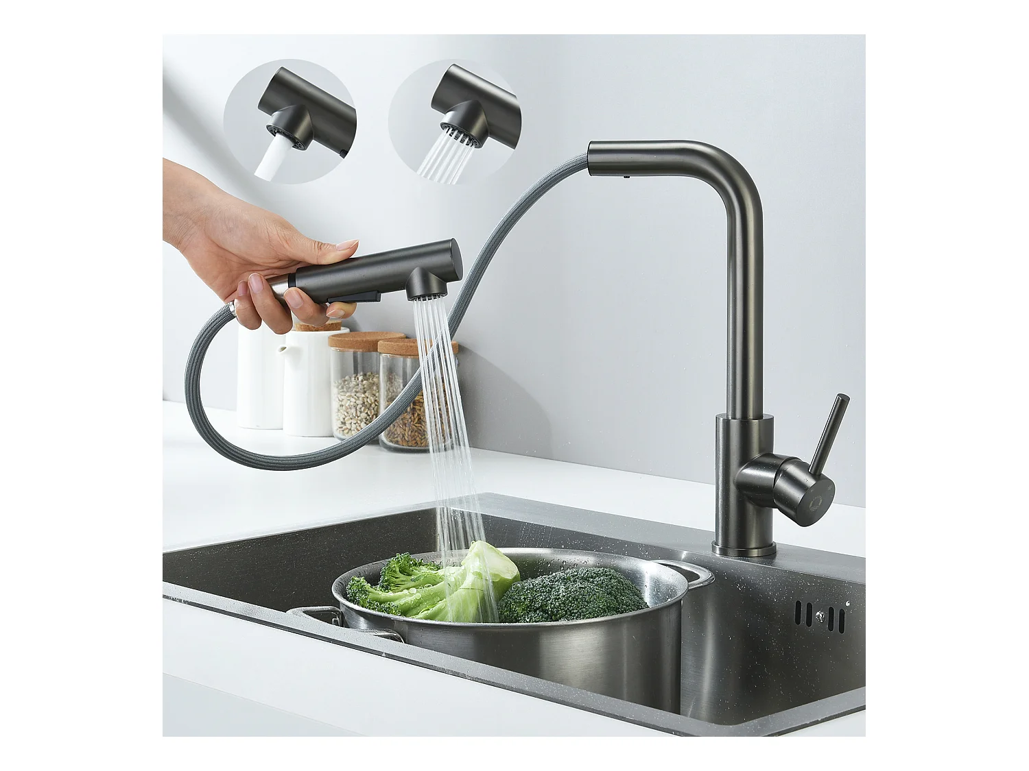 CECIPA MAX Évier Inox 40*44*19 cm Évier 1 Bac Évier de Cuisine Noir + Mitigeur Cuisine Avec Douchette Extractible