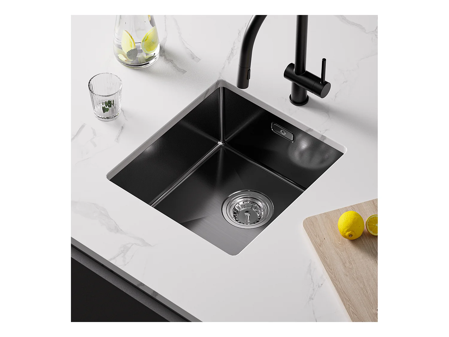 CECIPA MAX Évier Inox 40*44*19 cm Évier 1 Bac Évier de Cuisine Noir + Mitigeur Cuisine Avec Douchette Extractible