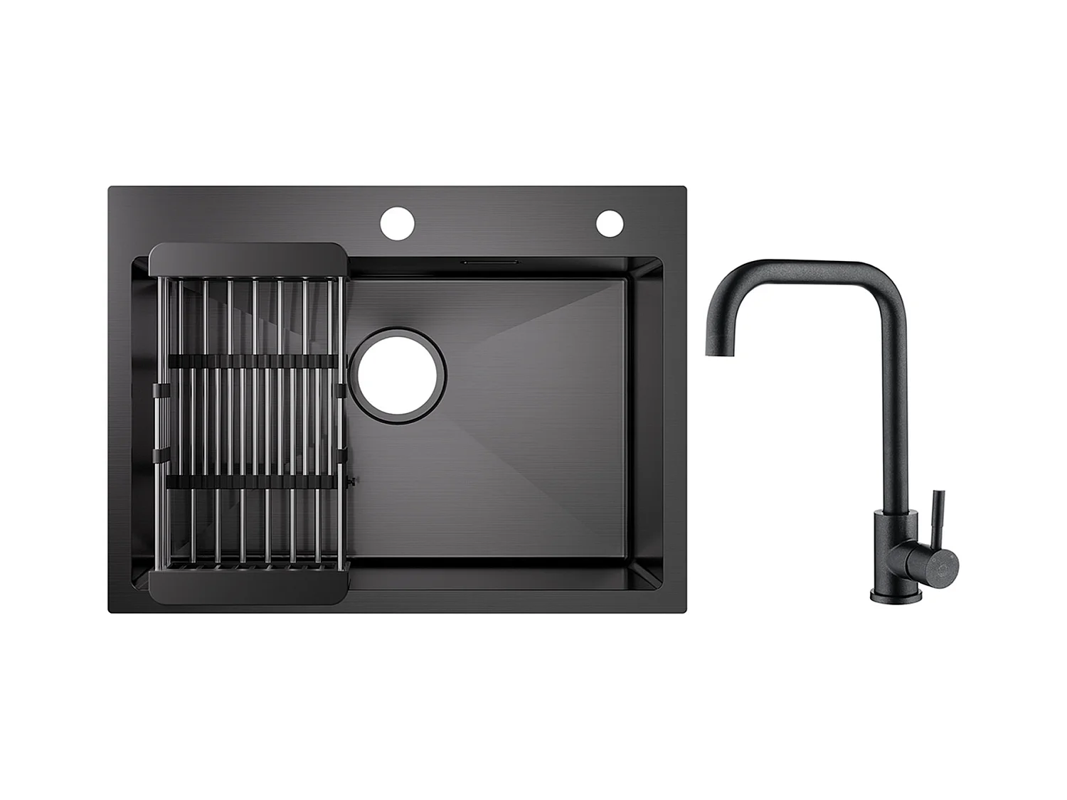 Évier Cuisine 1 Bac 60×45×18CM Évier Inox Noir avec Panier de Drainage + Mitigeur de Cuisine en Inox Noir étoilé avec Bec Haut et Incurvé