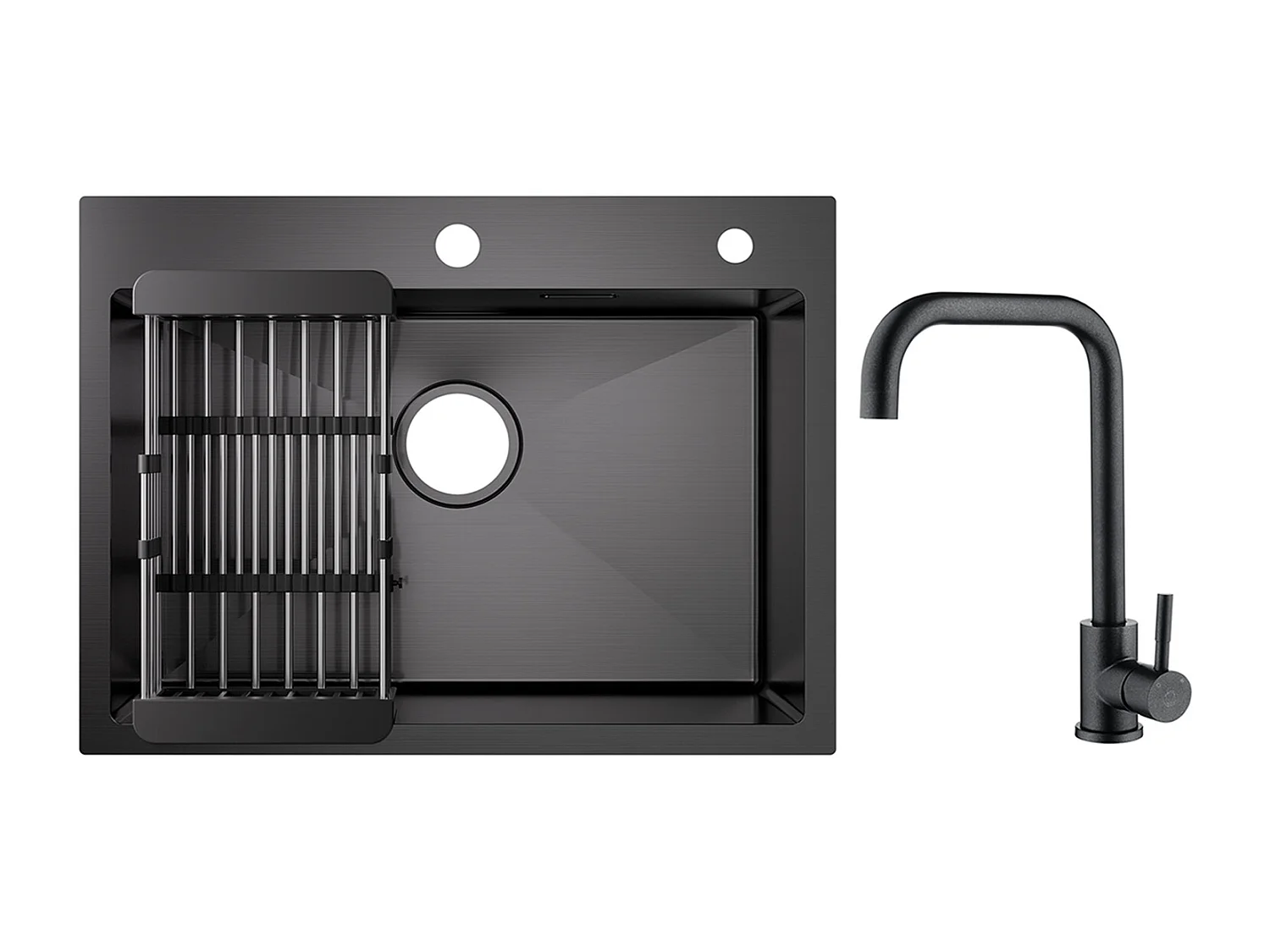 Évier Cuisine 1 Bac 60×45×18CM Évier Inox Noir avec Panier de Drainage + Mitigeur de Cuisine en Inox Noir étoilé avec Bec Haut et Incurvé