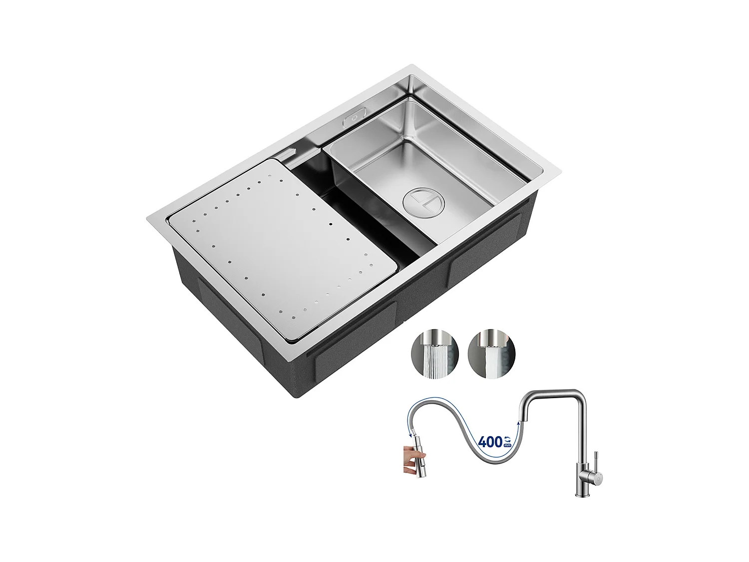 Évier Cuisine 1 Bac 70×44×21CM Évier Inox Brossé avec Egouttoir et Vasque + Mitigeur avec Douchette Extractible, Brossé