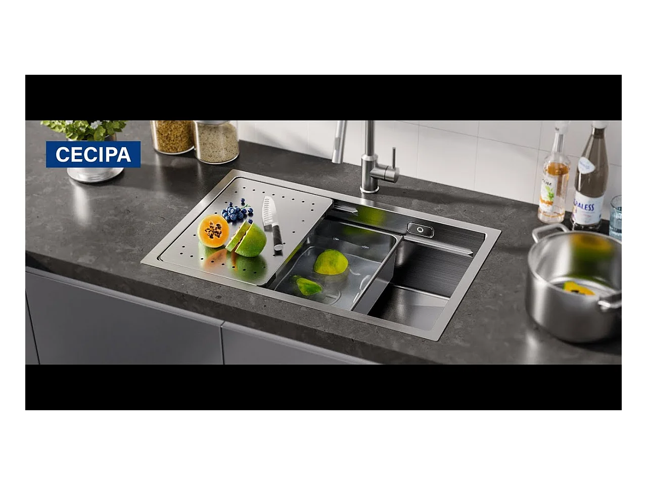 Fregadero de cocina de 1 seno 70×44×21CM Fregadero de acero inoxidable cepillado con escurridor y lavabo + grifo monomando con ducha extraíble, cepillado