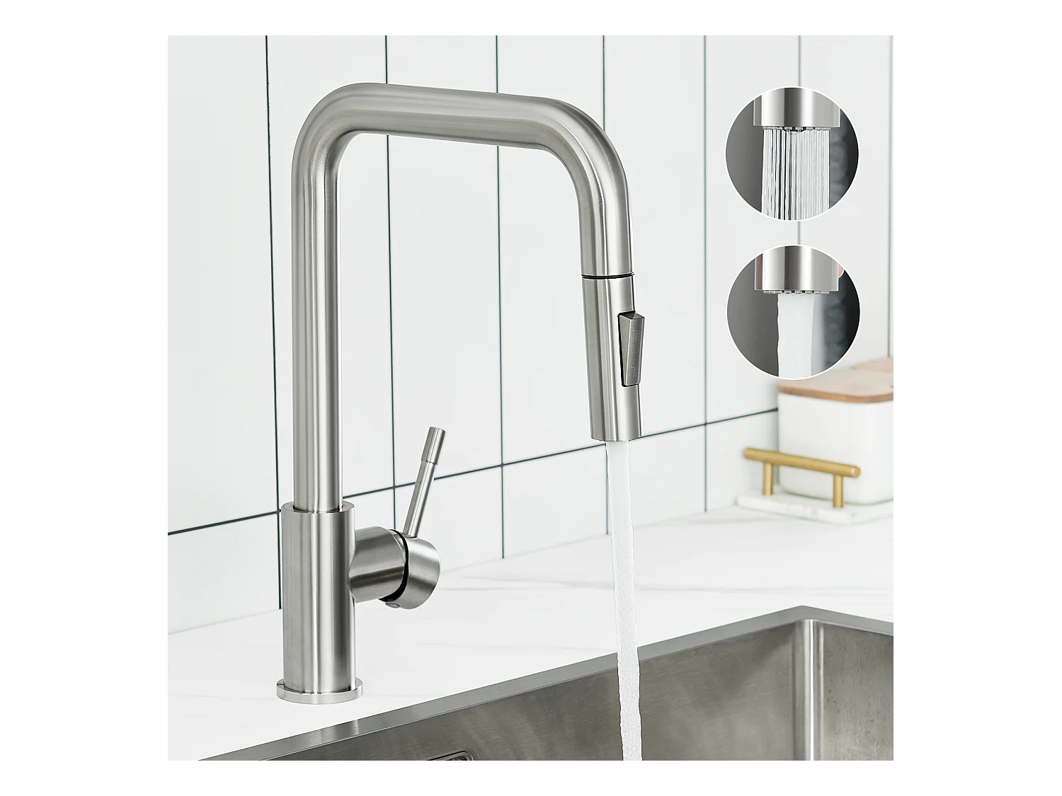 Fregadero de cocina de 1 seno 70×44×21CM Fregadero de acero inoxidable cepillado con escurridor y lavabo + grifo monomando con ducha extraíble, cepillado