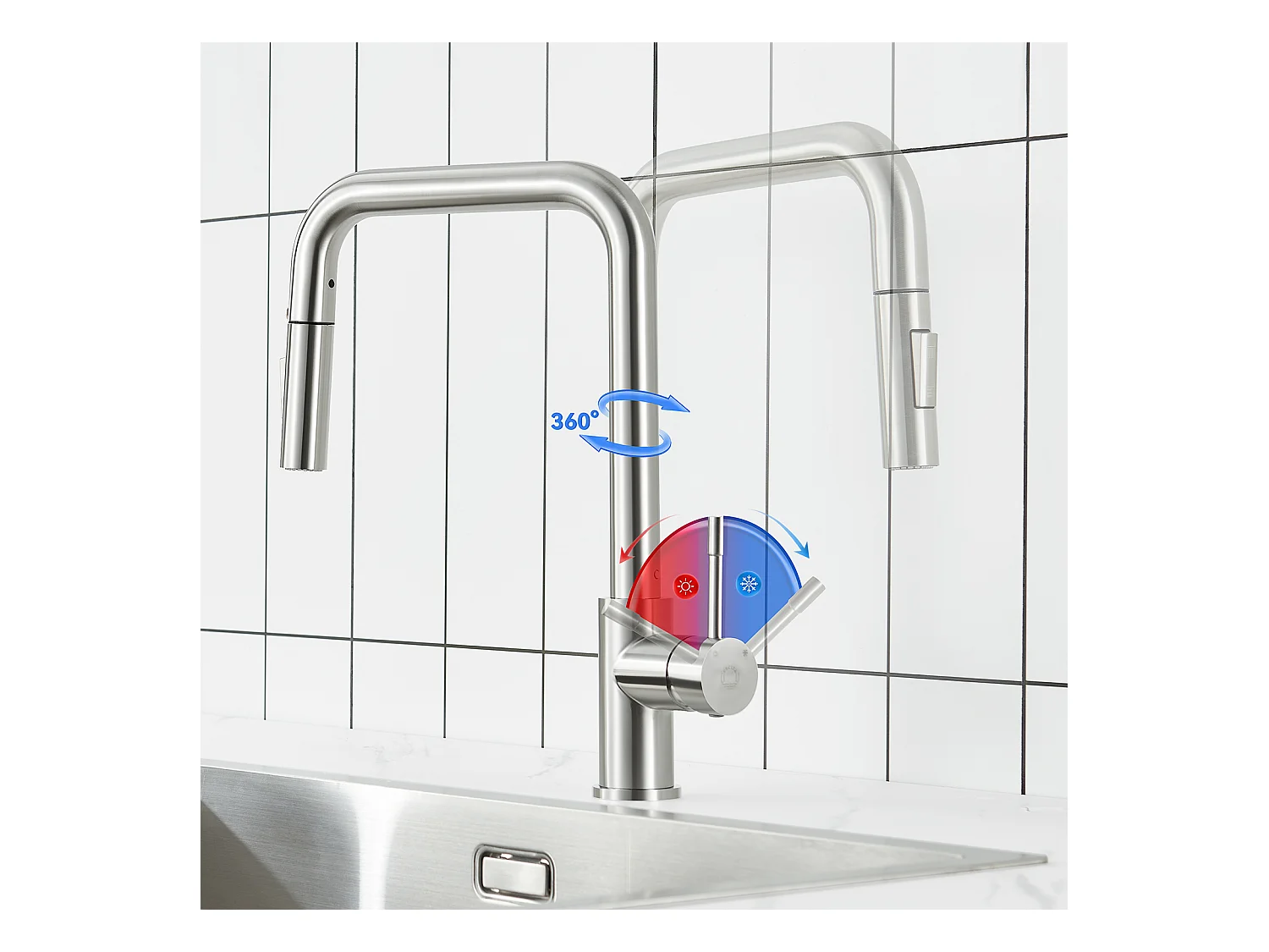 Fregadero de cocina de 1 seno 70×44×21CM Fregadero de acero inoxidable cepillado con escurridor y lavabo + grifo monomando con ducha extraíble, cepillado
