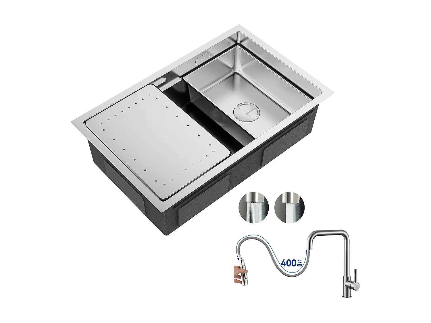 Évier Cuisine 1 Bac 70×44×21CM Évier Inox Brossé avec Egouttoir et Vasque + Mitigeur avec Douchette Extractible, Brossé