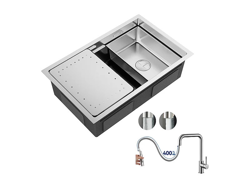 Évier Cuisine 1 Bac 70×44×21CM Évier Inox Brossé avec Egouttoir et Vasque + Mitigeur avec Douchette Extractible, Brossé