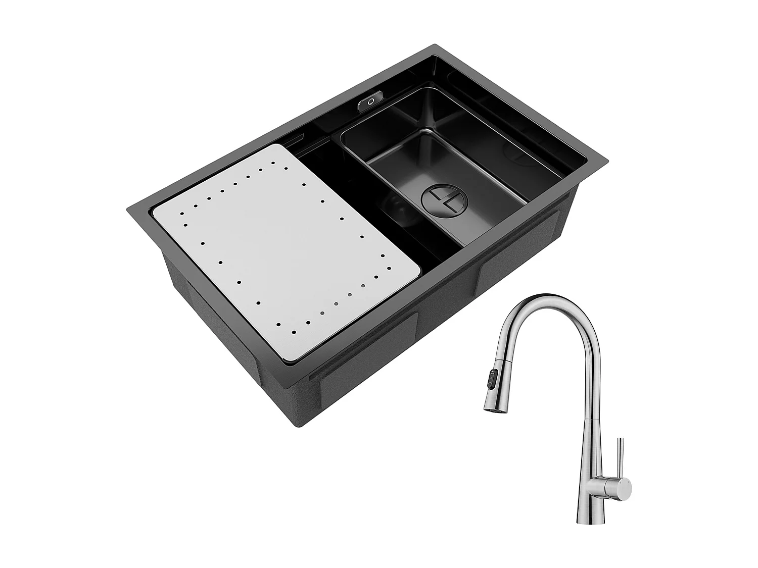 Cecipa max Évier 1 Bac 70×44CM Évier à Encastrer Noir avec Egouttoir et Vasque + Mitigeur avec Douchette Extractible, 3 Modes de Sortie D'eau, Brossé