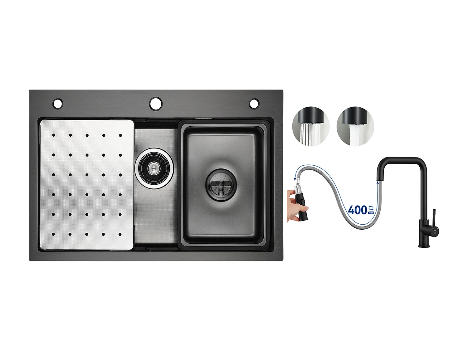 Lavello Cucina 1 Vasca 70×45×21,5 cm + Gocciolatoio + Vaschetta + Dosatore Sapone + Miscelatore con Doccia Estraibile, Nero