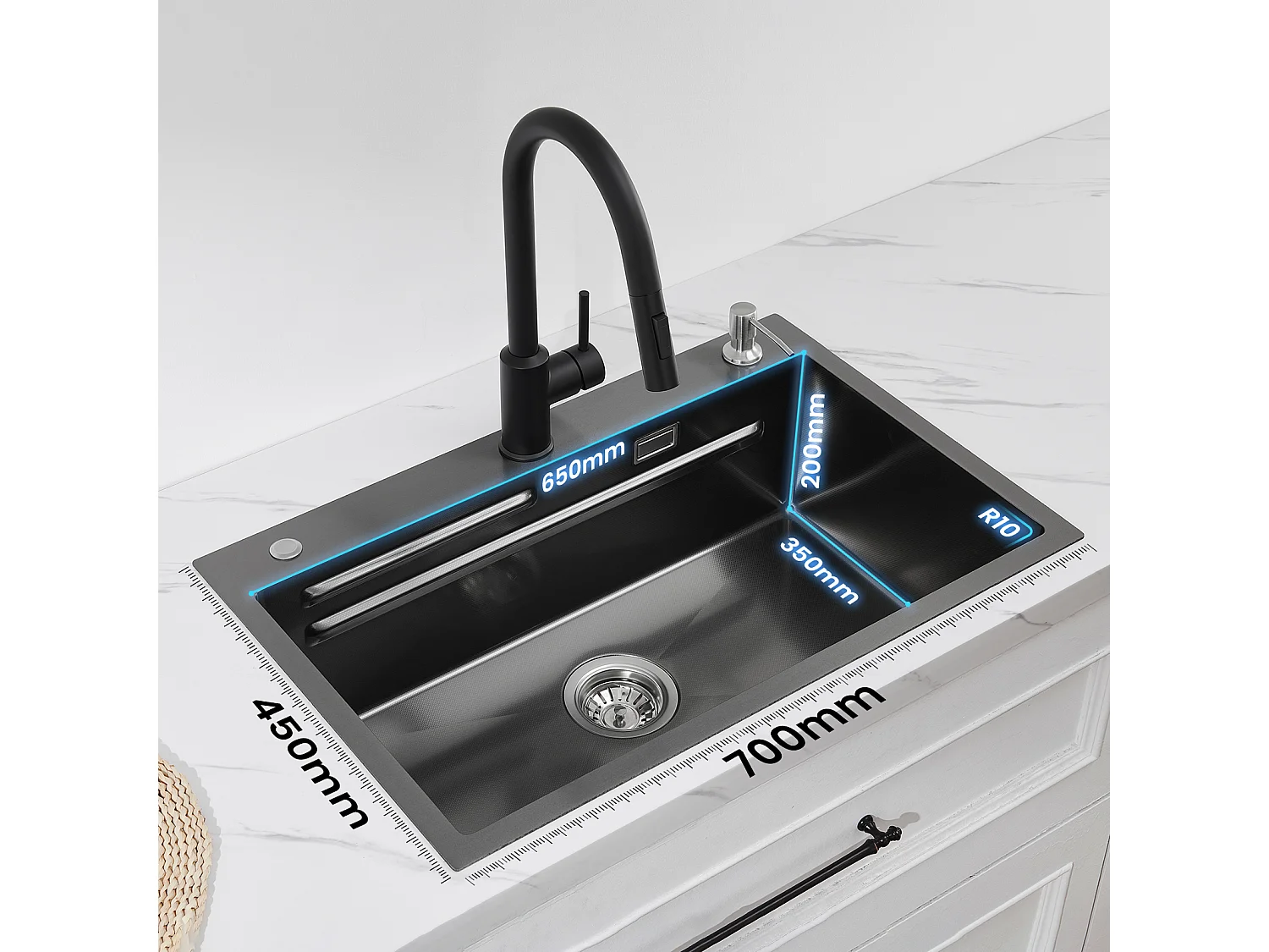 Lavello Cucina 1 Vasca 70×45×21,5 cm + Gocciolatoio + Vaschetta + Dosatore Sapone + Miscelatore con Doccia Estraibile, Nero
