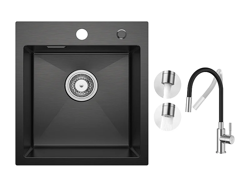 CECIPA MAX Lavello Cucina Nero 40*45CM - Lavello in Acciaio Inox Lavello 1 Vasca + Miscelatore Cucina Flessibile, Rubinetto Estraibile Spazzolato 2 Tipi di Getti