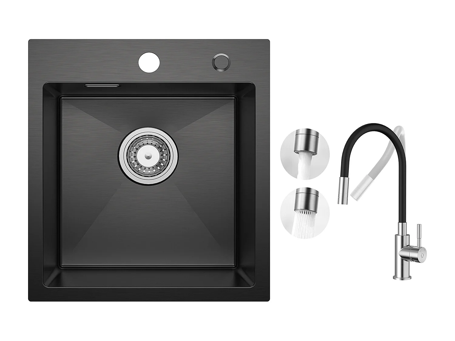 CECIPA MAX Lavello Cucina Nero 40*45CM - Lavello in Acciaio Inox Lavello 1 Vasca + Miscelatore Cucina Flessibile, Rubinetto Estraibile Spazzolato 2 Tipi di Getti