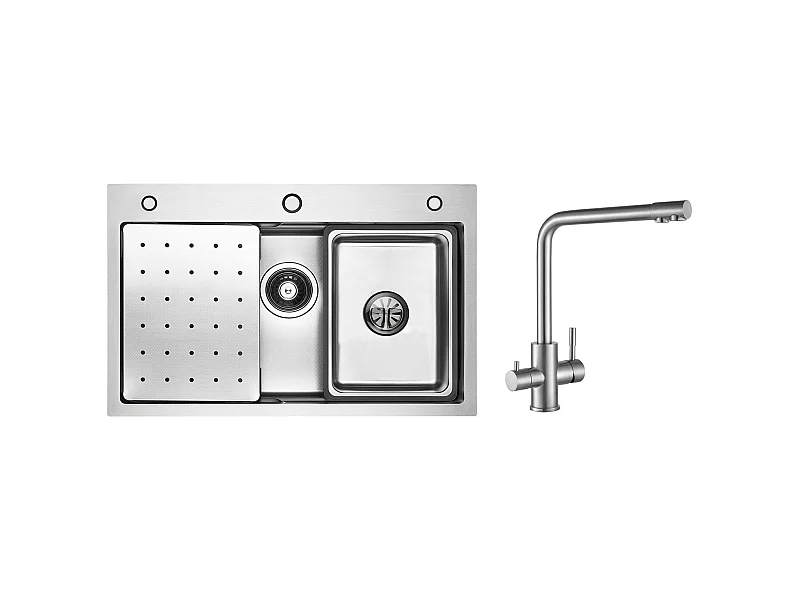 Einzelspüle 70×45×21,5 cm, silberne Edelstahlspüle mit Abtropffläche, Becken, Seifenspender + Küchenmixer für Osmosesystem