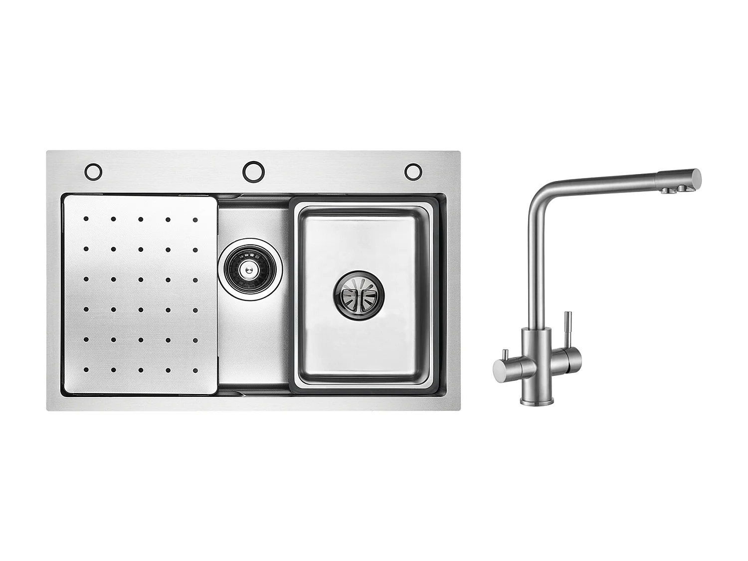 Évier 1 Bac 70×45×21.5CM Évier Inox Argent avec Egouttoir,Vasque, Distributeur de Savon + Mitigeur Cuisine pour Sstème D'osmose