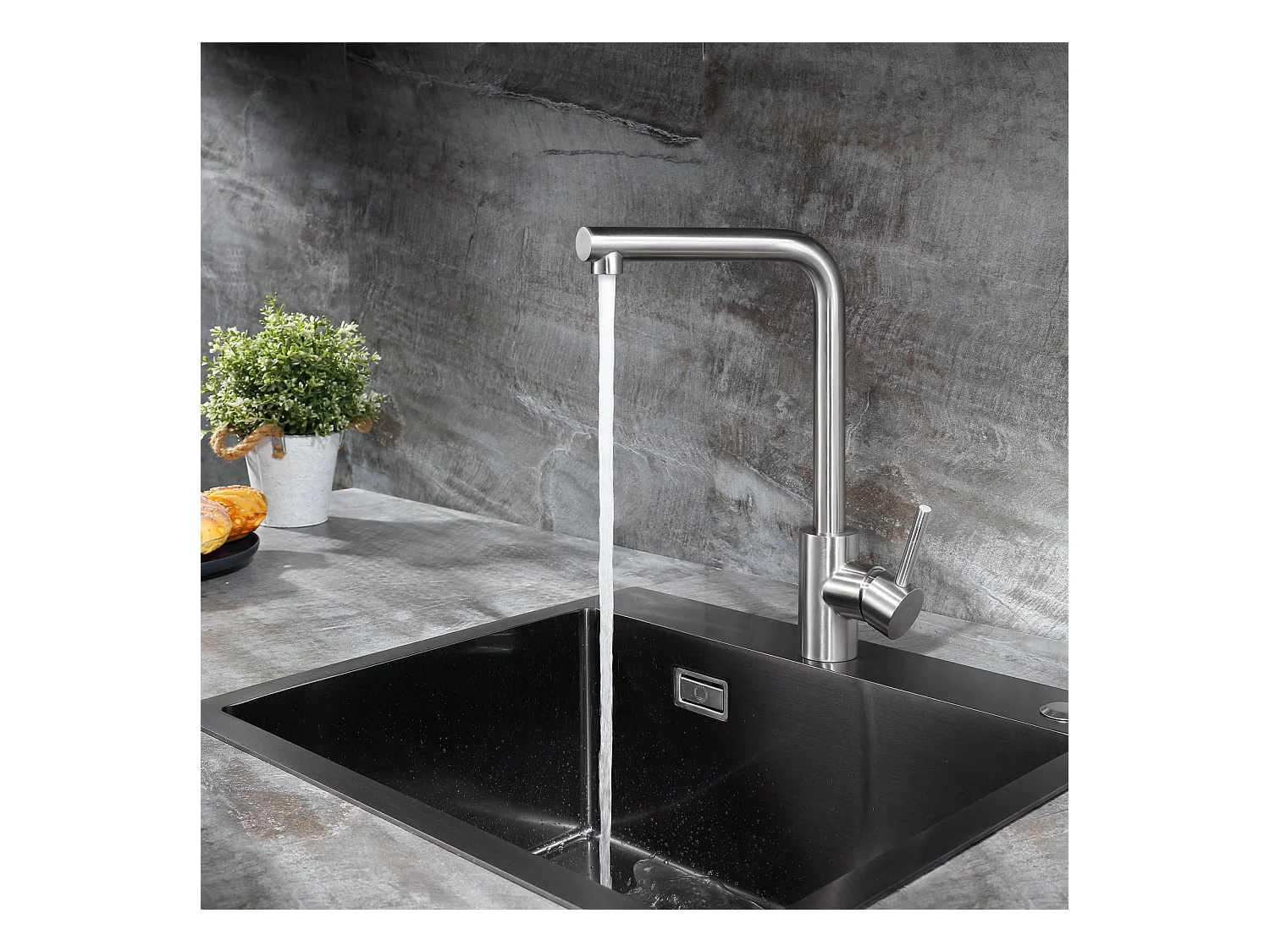 Évier Cuisine 1 Bac 60×45×18CM Évier Inox Noir avec Panier de Drainage + Mitigeur de Evier Rrotatif à 360 ° Brossé