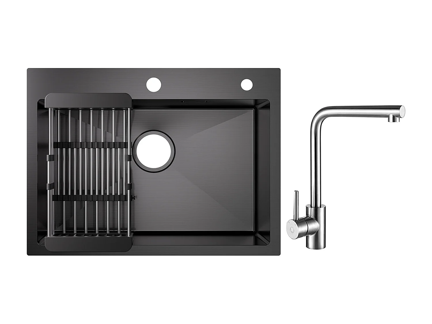 1 Becken Küchenspüle 60×45×18CM Schwarz Edelstahlspüle mit Abtropfkorb + 360° drehbarer Spültischarmatur Gebürstet