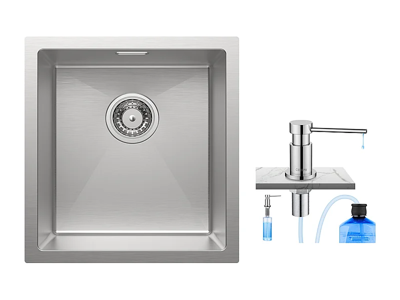 Cecipa MAX Lavello Cucina 1 Vasca 40x44x19 cm - Lavello Acciaio Inox Spazzolato Sottotop + Dispenser Sapone Cucina Cromato 300ML