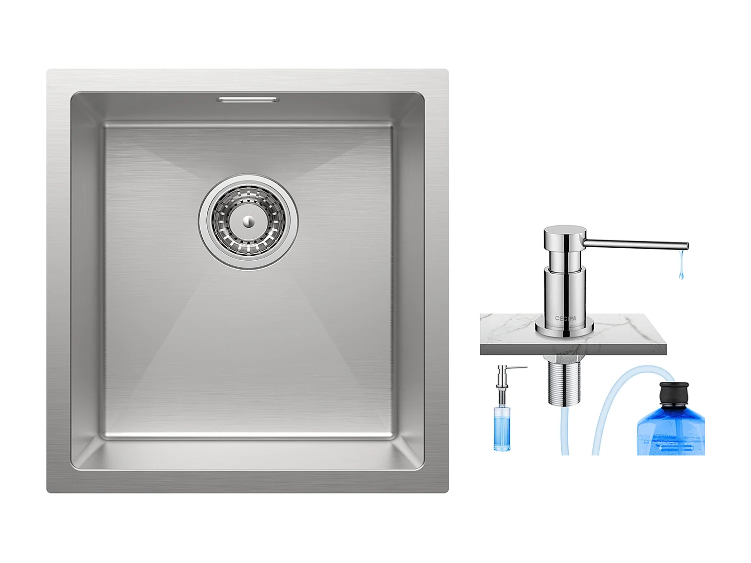 Cecipa MAX Évier de Cuisine 1 Bac 40x44x19 cm - Évier Inox Évier Encastré Brossé + 300ML Distributeur de Savon de Cuisine Chromé