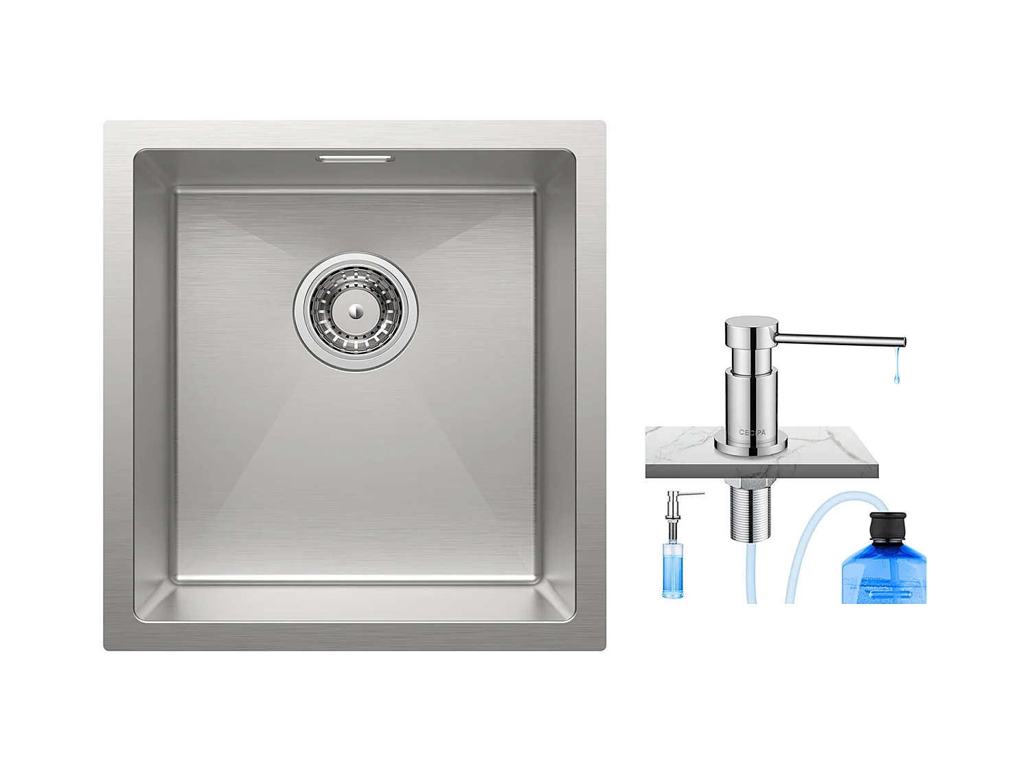 Cecipa MAX Lavello Cucina 1 Vasca 40x44x19 cm - Lavello Acciaio Inox Spazzolato Sottotop + Dispenser Sapone Cucina Cromato 300ML
